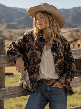 Vintage Attitude Floral Tapestry Jacket Black Large Boho Western Country Chic